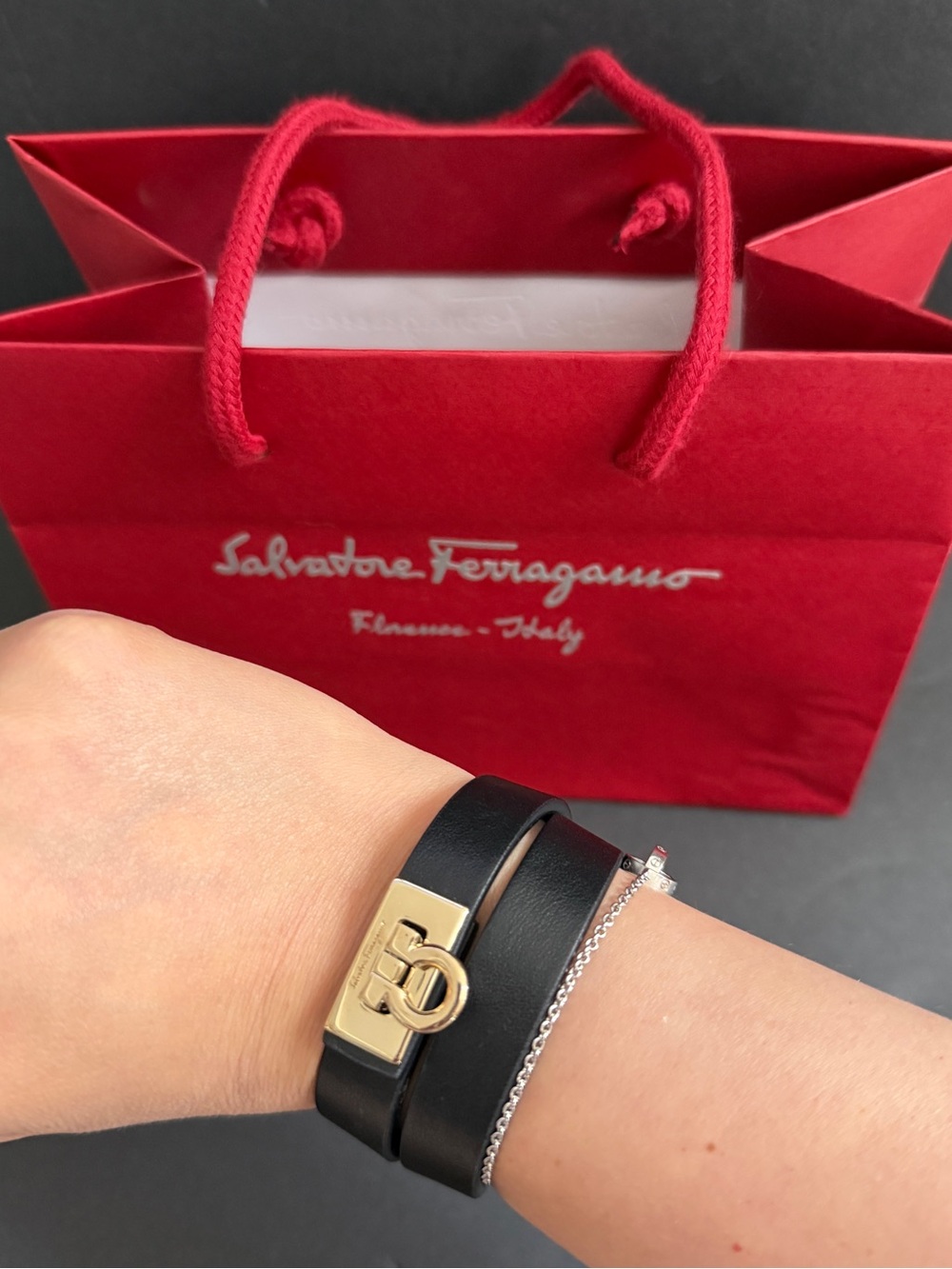 Salvatore Ferragamo Black Leather Double Wrap Bracelet with Gold Logo Clasp - Picture 5 of 7